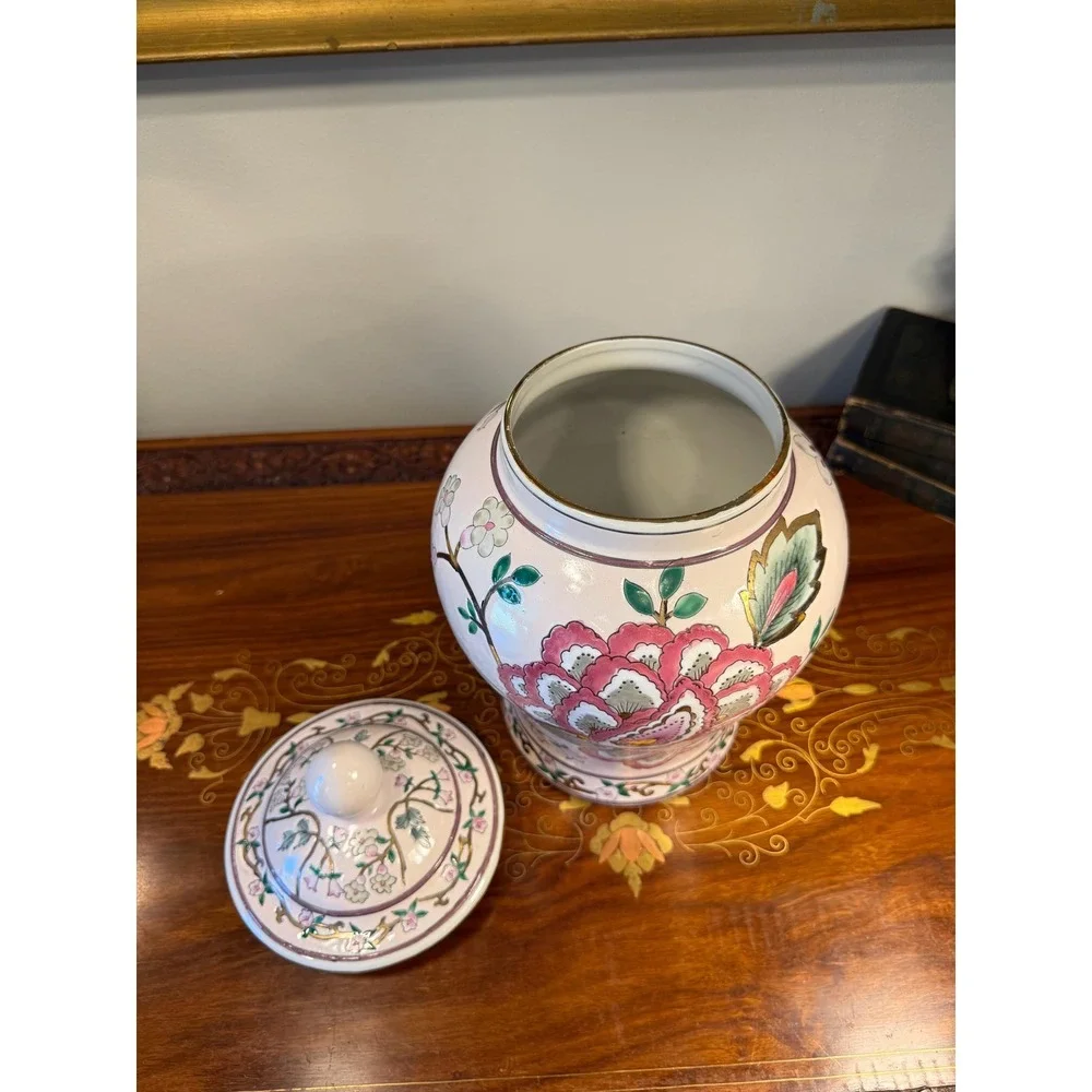 Vintage Floral Ginger Jar‎ • Hand Painted Porcelain Lidded Vase Decor 10.5
